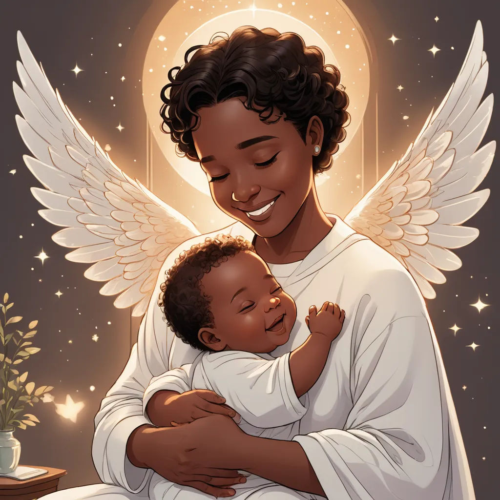 a woman holding a baby in her arms with angel wings on it's back and a potted plant in the background, afrofuturism, a storybook illustration, Chinwe Chukwuogo-Roy, trending on art station