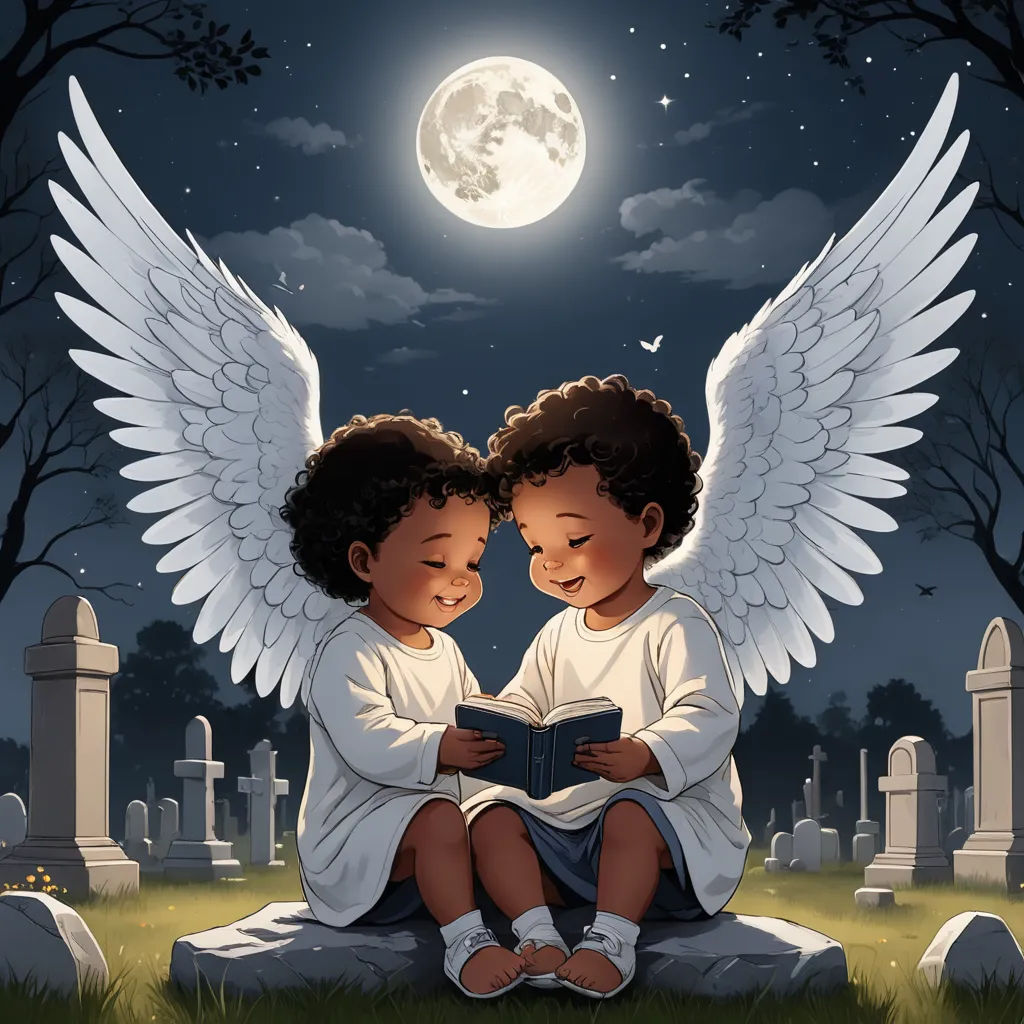 two children sitting on a grave with an angel reading a book in front of a full moon and cemetery, gothic art, a storybook illustration, Anne Stokes, storybook illustration