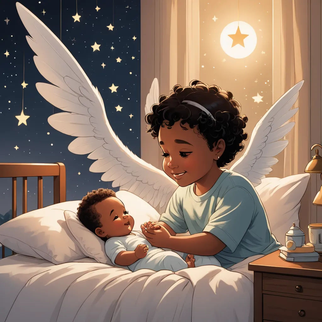 a little boy laying in bed with a baby angel next to him and a night sky with stars and moon, magical realism, a storybook illustration, Cliff Childs, storybook illustration