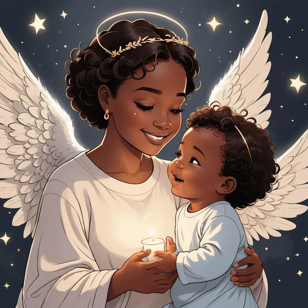 a woman holding a baby in her arms with angel wings on her shoulder and a candle in her hand, afrofuturism, a storybook illustration, Chinwe Chukwuogo-Roy, trending on art station