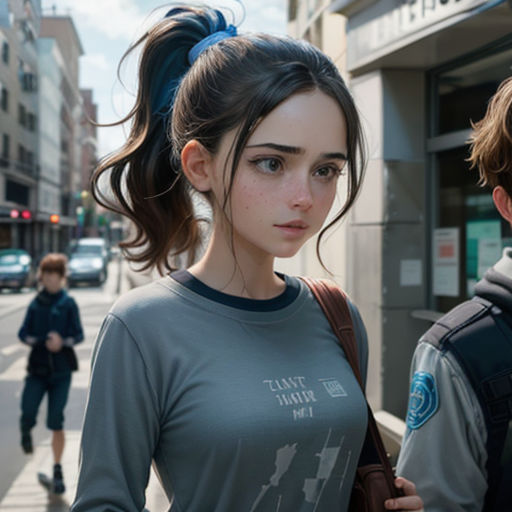 a couple of people standing on a street next to a building and a person with a backpack on their shoulder