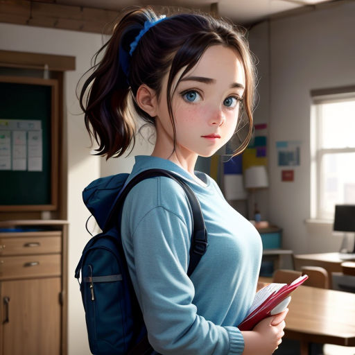 a girl with a backpack and a book in a classroom with a desk and a window in the background