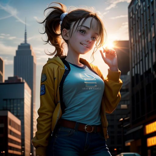 a girl in a yellow jacket is standing in the street with her hand up in the air and a cityscape in the background