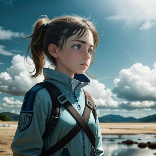 a girl with a backpack on standing on a beach looking at the sky and clouds above her, with a body of water in the background