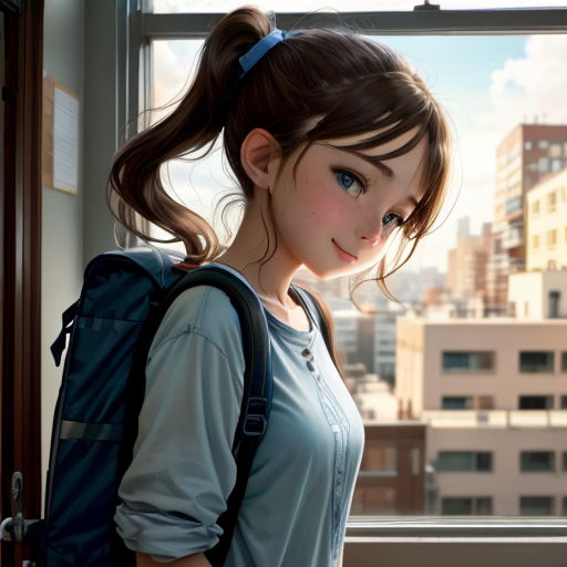 a girl with a ponytail standing in front of a window looking out the window at the city below her