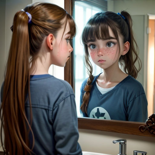 a girl looking at her reflection in a mirror with a ponytail in her hair and a pony tail in her hair