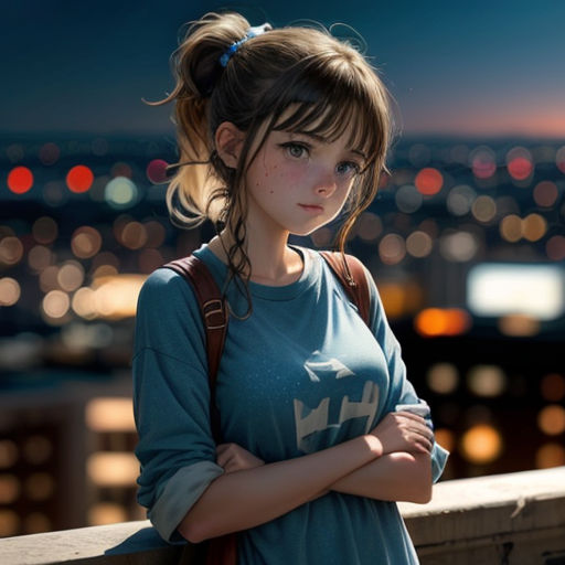 a girl with her arms crossed standing on a ledge in front of a cityscape at night with lights in the background