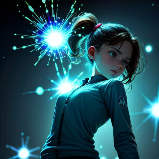 a girl with a ponytail and a ponytail in a blue shirt with fireworks in the background and a blue background