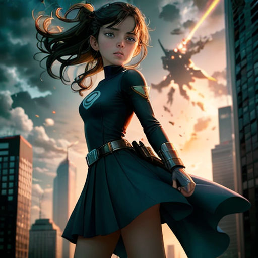 a woman in a black dress standing in front of a city skyline with a jet flying overhead and a jet fighter in the background