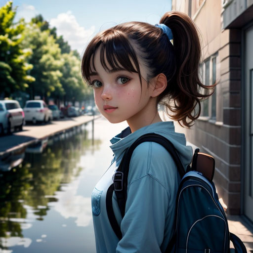 a girl with a ponytail standing next to a building and looking at the camera with a backpack on her back