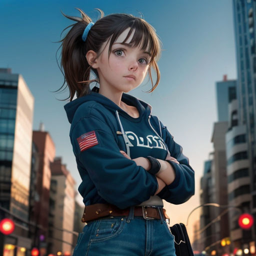 a girl standing in the middle of a city street with her arms crossed and her arms crossed, looking at the camera