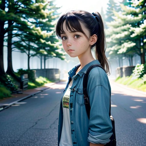 a girl standing on the side of a road with a backpack on her shoulder and trees in the background