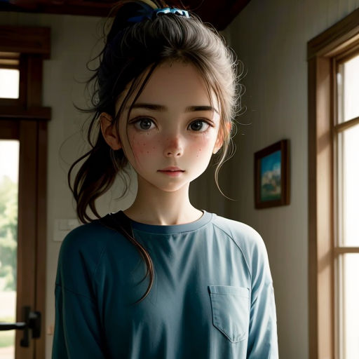 a girl with a ponytail standing in front of a window with a blue shirt on and a blue shirt on