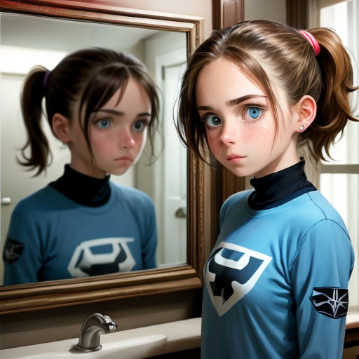 a girl with a ponytail standing in front of a mirror with a reflection of herself in the mirror behind her