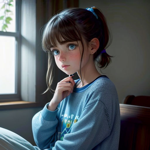 a girl sitting on a bed with a book in her hand and a pen in her mouth, looking out a window