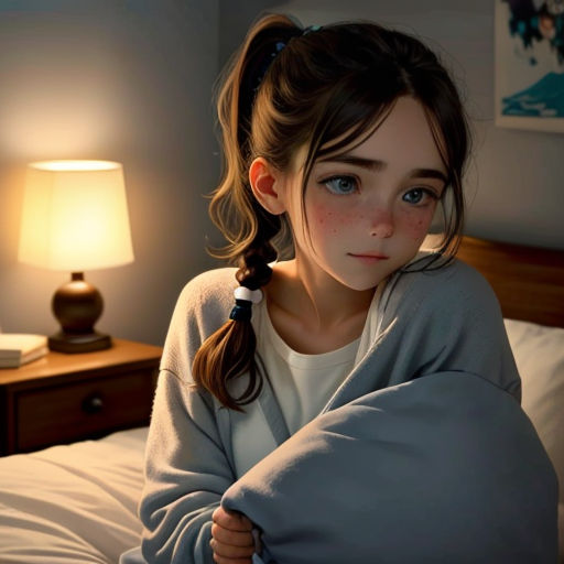 a girl with a ponytail sitting on a bed with a blanket over her head and a lamp on the side of the bed