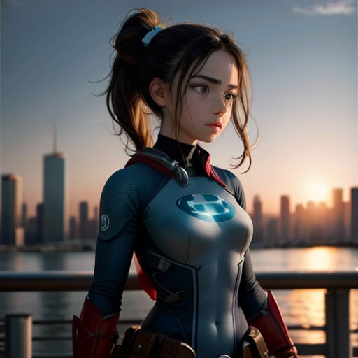 a woman in a futuristic suit standing on a bridge near the water with a city in the background and a sunset
