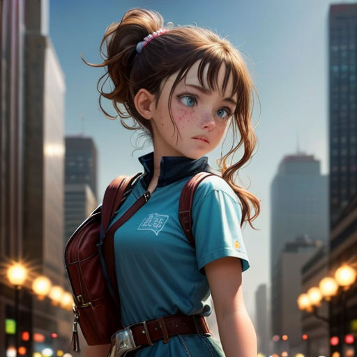 a girl with a backpack standing in the middle of a city street with a cityscape in the background
