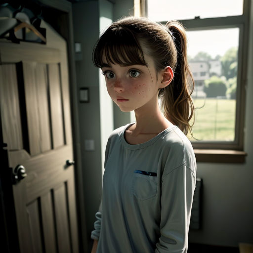a girl standing in front of a door with a ponytail in her hair and a green shirt on, looking at the camera