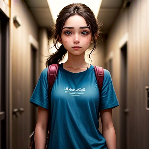 a girl with a backpack is standing in a hallway with a backpack on her shoulder and looking at the camera
