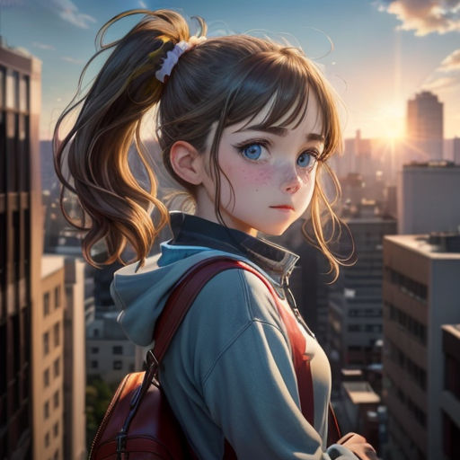 a girl with a ponytail standing in front of a city skyline with buildings and skyscrapers in the background