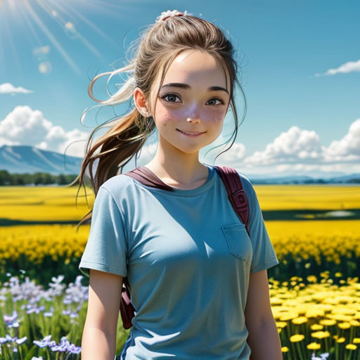 a girl standing in a field of flowers with a sun in the background and a blue sky with clouds