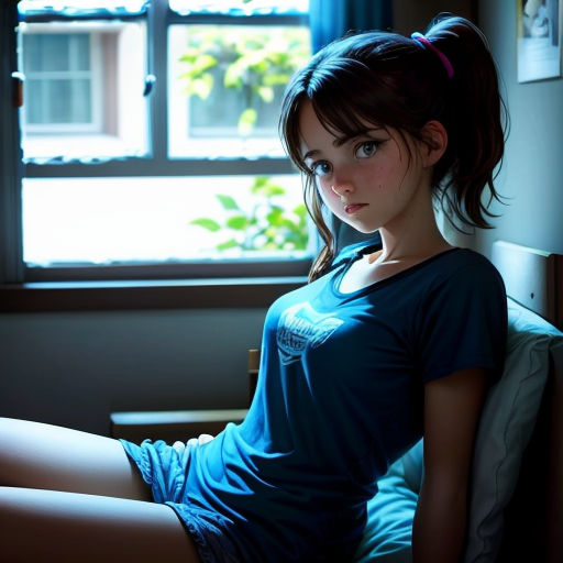 a woman sitting on a bed in front of a window with a blue shirt on and a pink bow in her hair