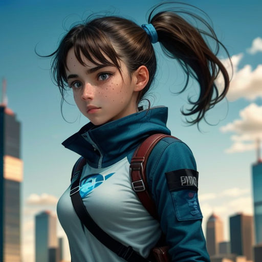 a girl with a ponytail standing in front of a city skyline with skyscrapers and clouds in the background