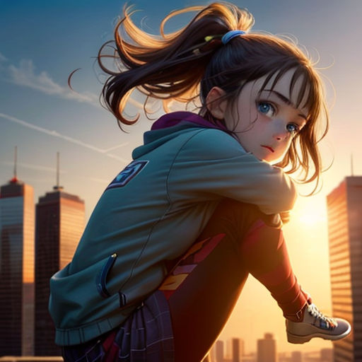a girl with a ponytail is sitting on a ledge in front of a city skyline with skyscrapers and a sun