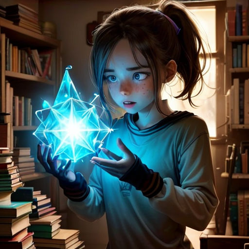 a girl holding a glowing star in her hands in front of a bookcase filled with books and books