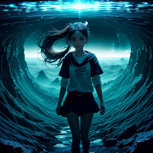 a girl standing in a tunnel with a sky background and a light shining on her head and hair in the air