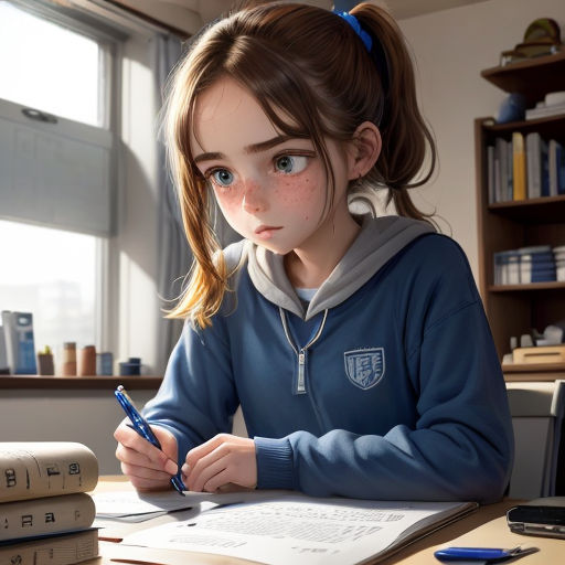 a girl sitting at a desk writing on a piece of paper with a pen in her hand and a book behind her
