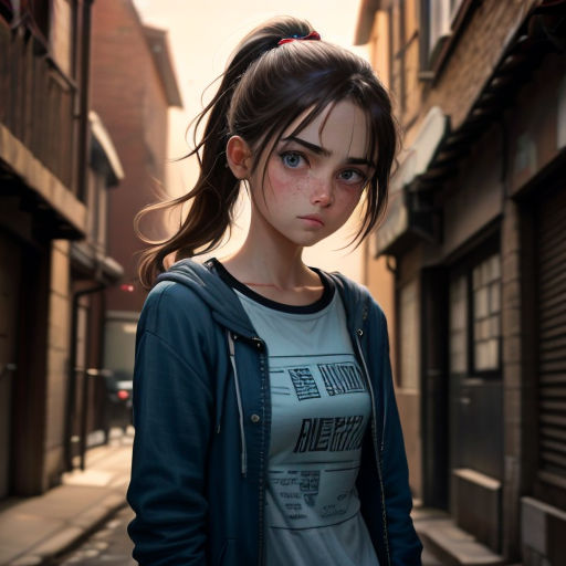 a girl with a ponytail standing in an alleyway with buildings in the background and a street light in the foreground