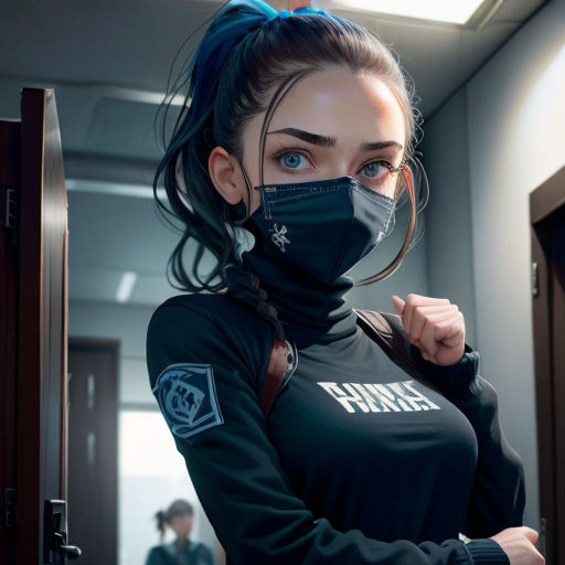 a woman wearing a face mask and a black shirt with a blue ponytail and a ponytail in the middle of her hair