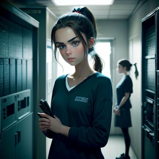 a woman standing in a hallway next to a locker with a cell phone in her hand and another woman in the background