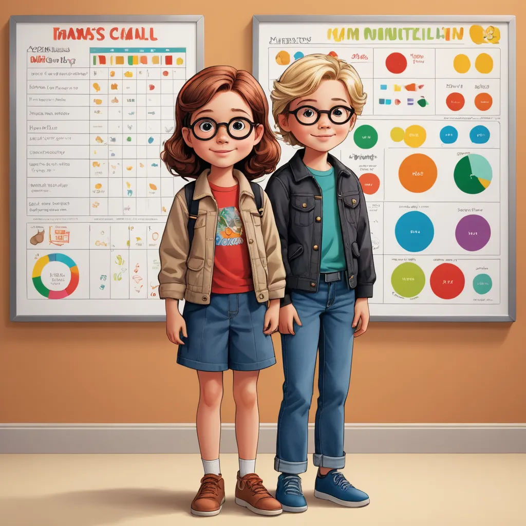a couple of people standing next to each other in front of a poster of a chart and a pie, paris school, a storybook illustration, Diego Gisbert Llorens, official art