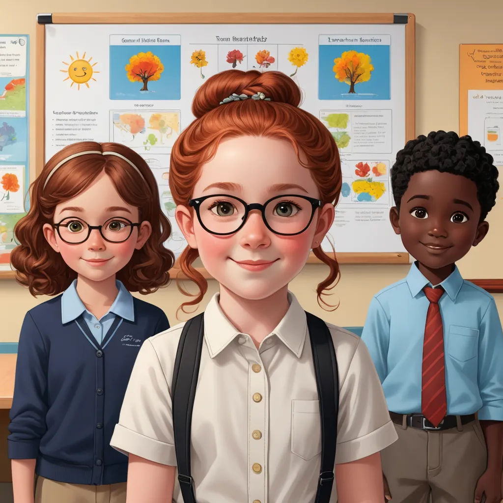 a group of children standing next to each other in front of a bulletin board with a tree on it, paris school, a storybook illustration, Elinor Proby Adams, official art