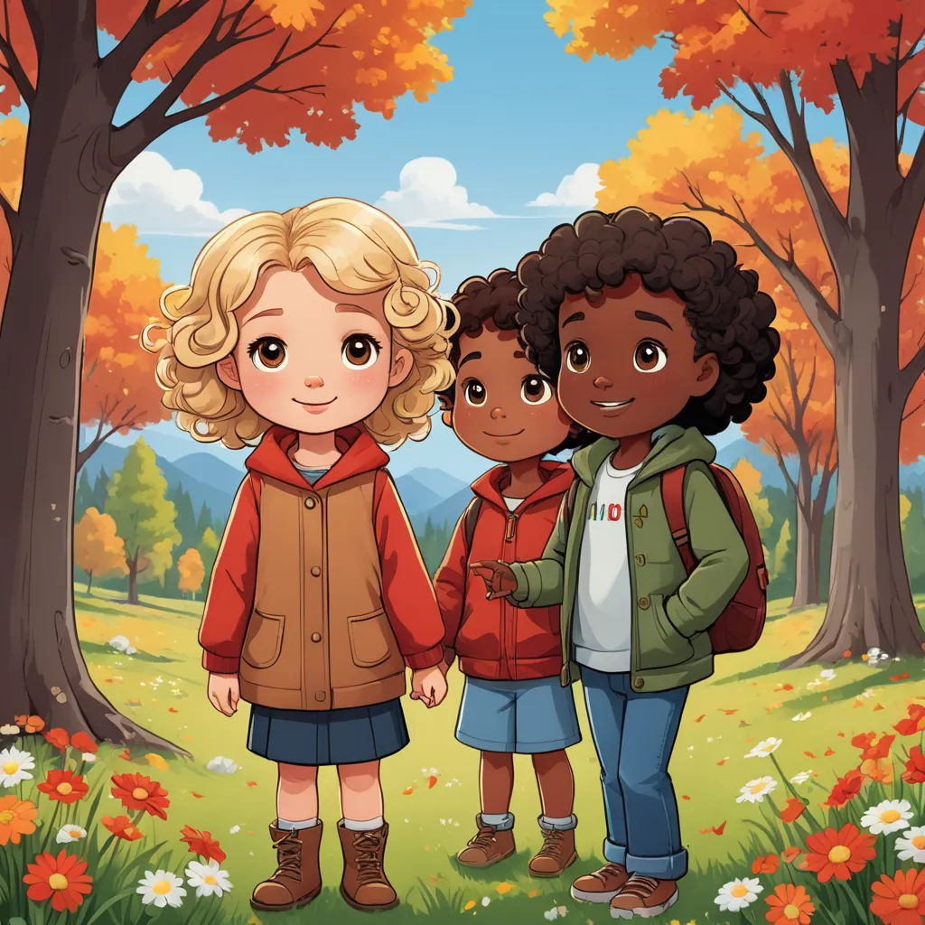 two girls standing in the woods with trees and flowers behind them, looking at the camera and smiling, with a background of orange and yellow flowers, serial art, a storybook illustration, Felix-Kelly, promotional image