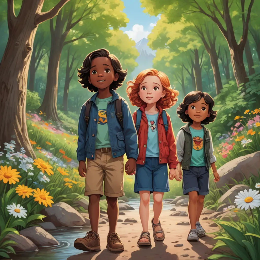 a painting of three children walking in a forest with flowers and rocks on the ground and a stream running through the woods, american scene painting, a storybook illustration, Aaron Jasinski, official art