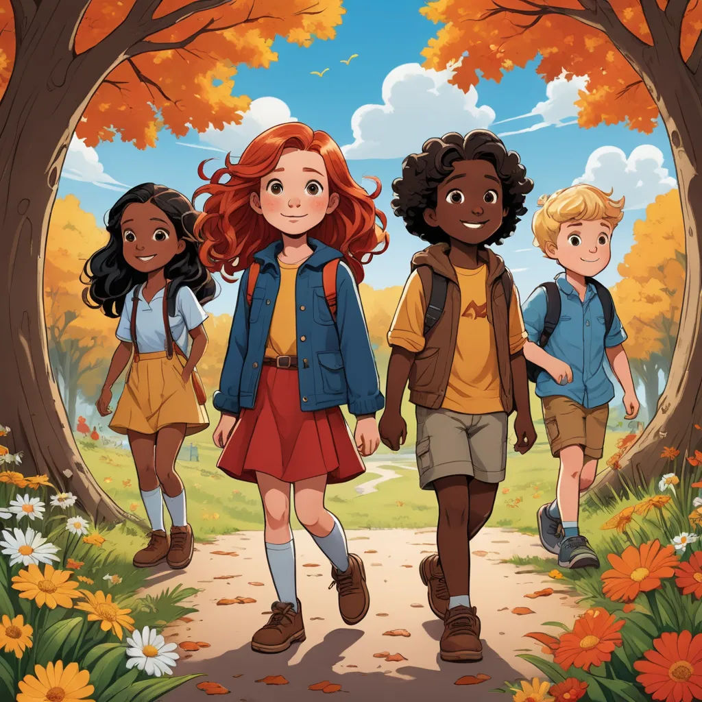 a group of children walking down a path in the woods with trees and flowers around them, with a boy and girl in the background, paris school, a storybook illustration, Cedric Seaut (Keos Masons), official art
