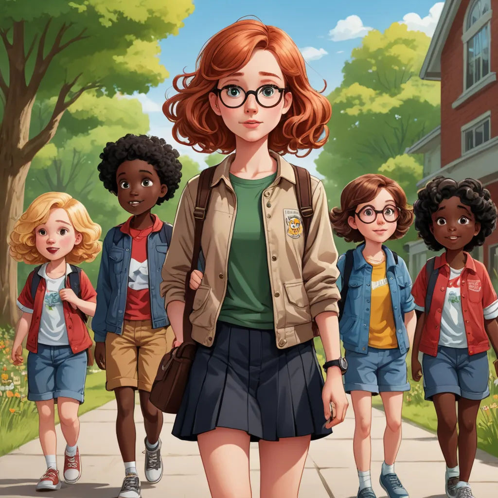 a girl with glasses and a brown jacket is walking with other children in a line behind her on a sidewalk, sots art, concept art, Ada Gladys Killins, key art