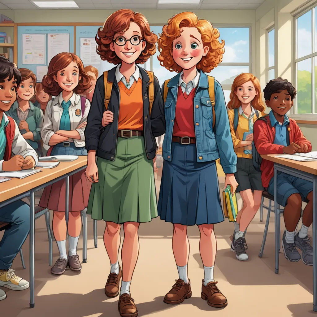 a girl standing in front of a classroom full of students with a teacher in the background wearing a blue jacket, serial art, a storybook illustration, F Scott Hess, official art