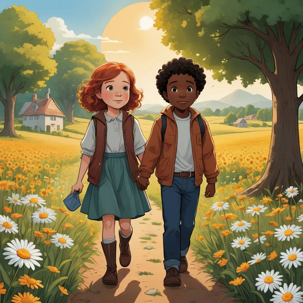 a couple of kids walking down a dirt road next to a field of flowers and trees with a house in the background, american scene painting, a storybook illustration, Elinor Proby Adams, book cover