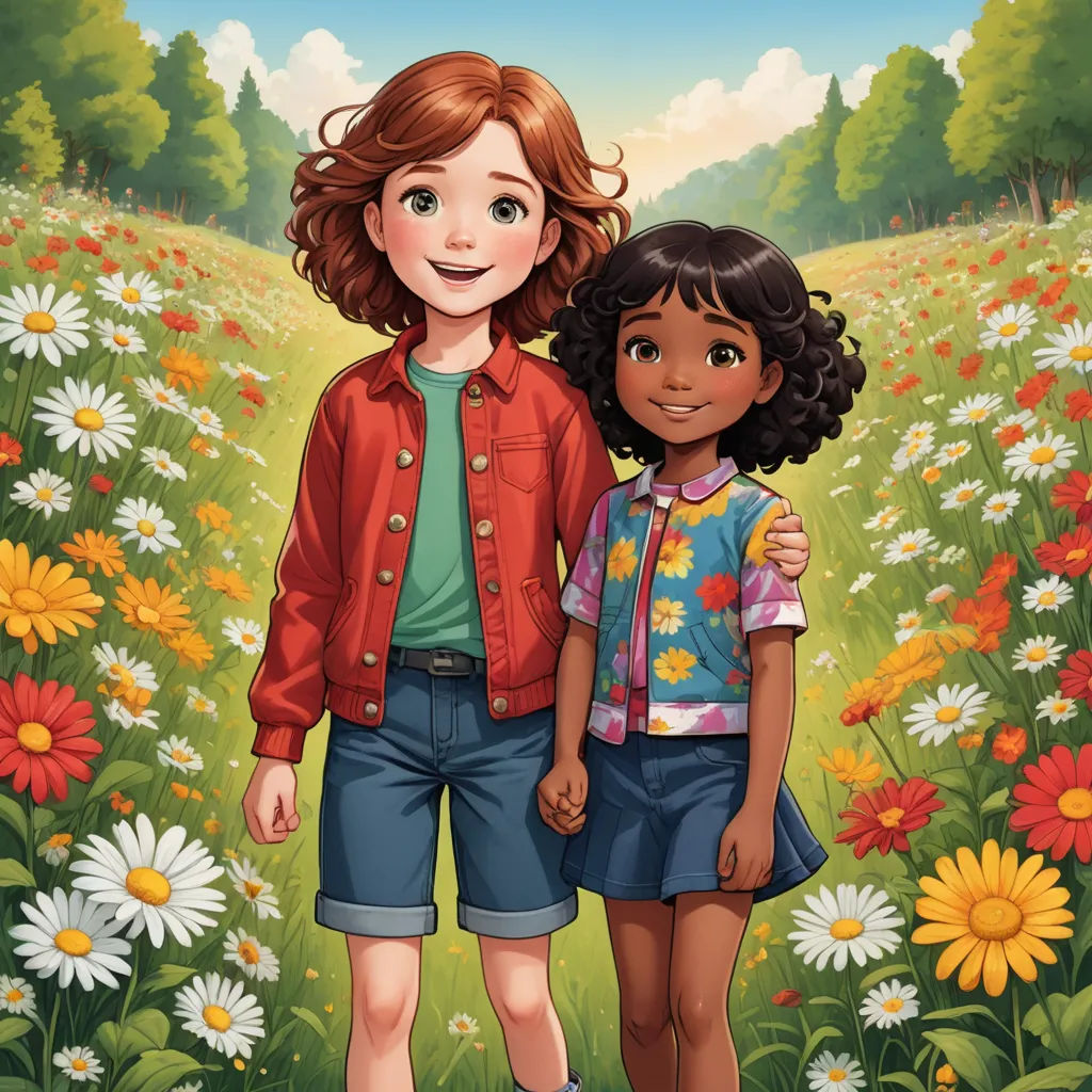 a cartoon girl and boy standing in a field of flowers with a red jacket on and a green shirt on, serial art, a storybook illustration, Elinor Proby Adams, key art