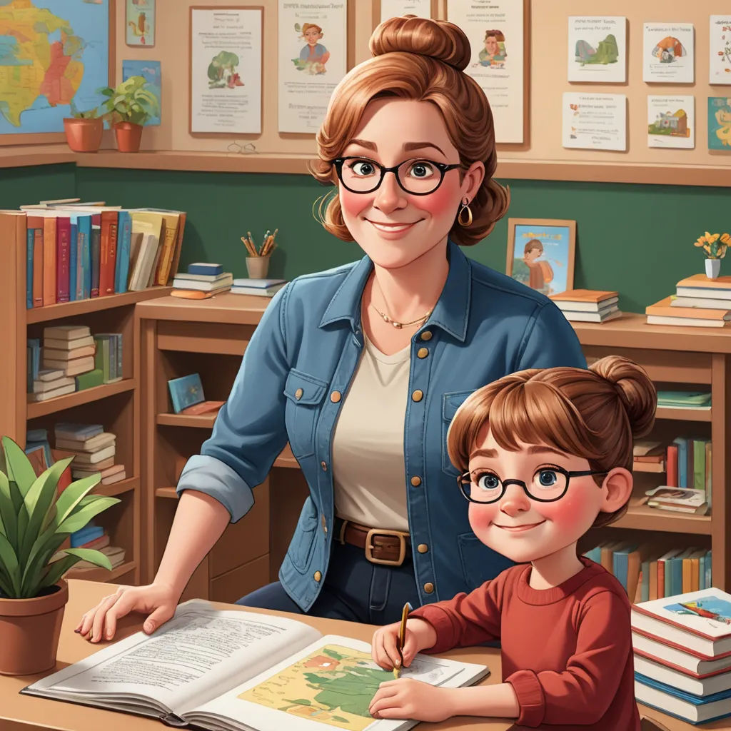 a woman and a child are sitting at a desk with a book and a pen in front of them, paris school, a storybook illustration, Beatrice Huntington, storybook illustration
