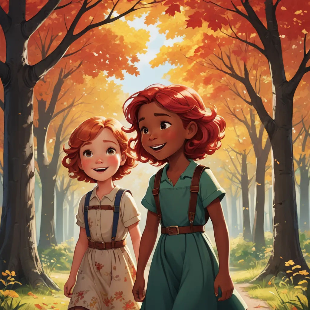 a painting of two girls walking through a forest in autumn, with trees and leaves in the background, and a path leading to the woods, harlem renaissance, a storybook illustration, Ada Gladys Killins, official art