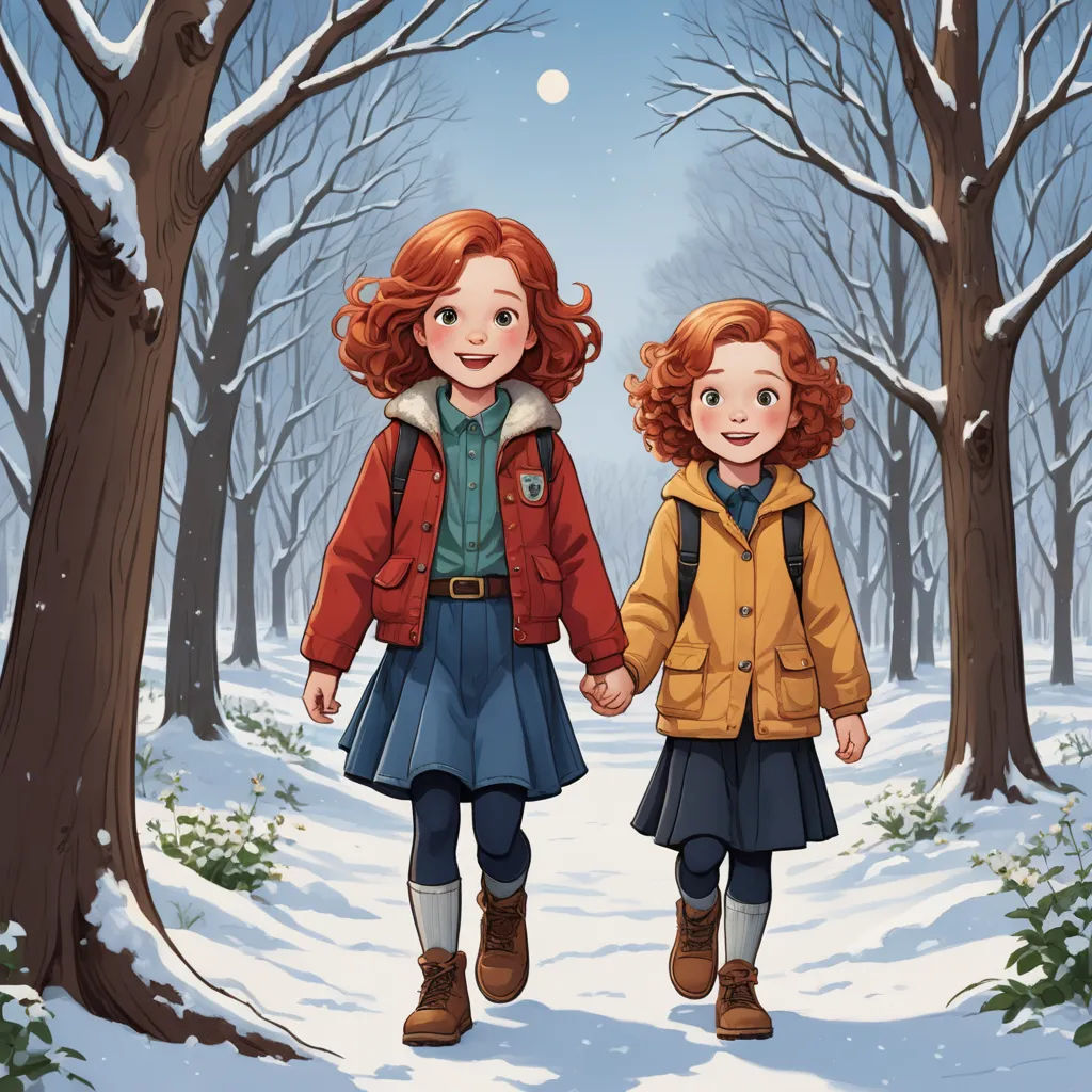 two girls walking in the snow holding hands and smiling at the camera, with trees and snow in the background, serial art, a storybook illustration, Clarice Beckett, official art