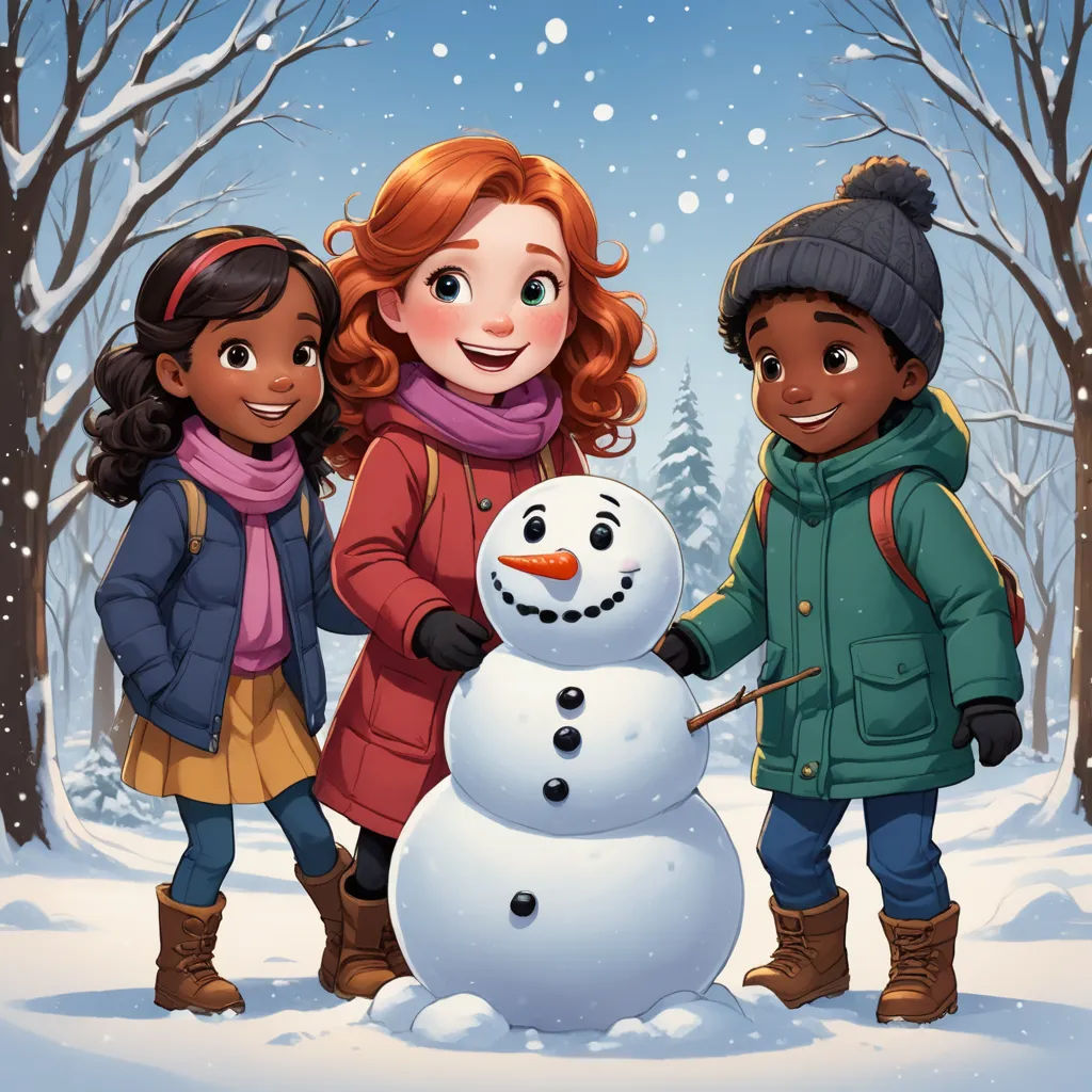 three children standing next to a snowman in the snow with a snowman in the background and a snowman in the foreground, sots art, a storybook illustration, Diego Gisbert Llorens, official art