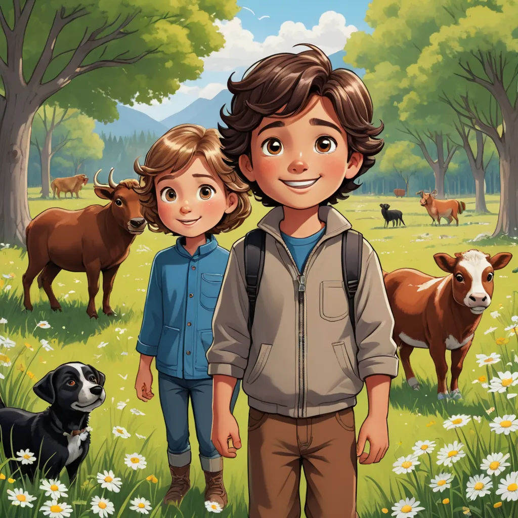 a boy and a girl standing in a field with cows and a dog in the background, with a dog looking at the camera, lyco art, a storybook illustration, David Brewster, promotional image