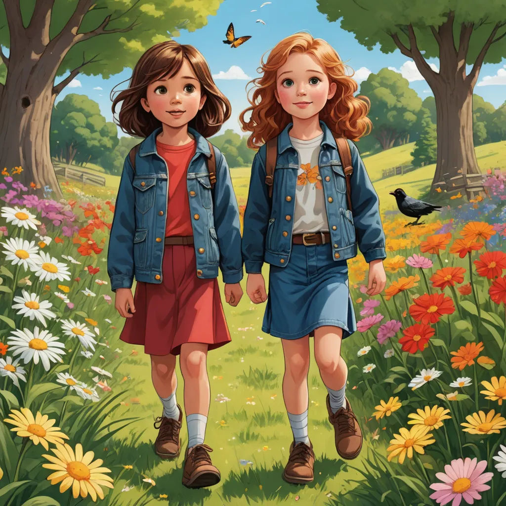 two girls walking through a field of flowers with a bird flying overhead in the background of the painting,, naive art, a storybook illustration, Aaron Jasinski, book cover